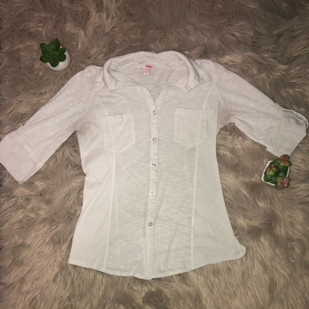 Medium Juniors Women White Button Down Shirt BONGO